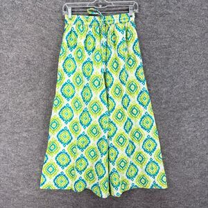 Rangmanch Pants Women S/M Green Geometric High Rise Drawstring Wide Leg Cotton